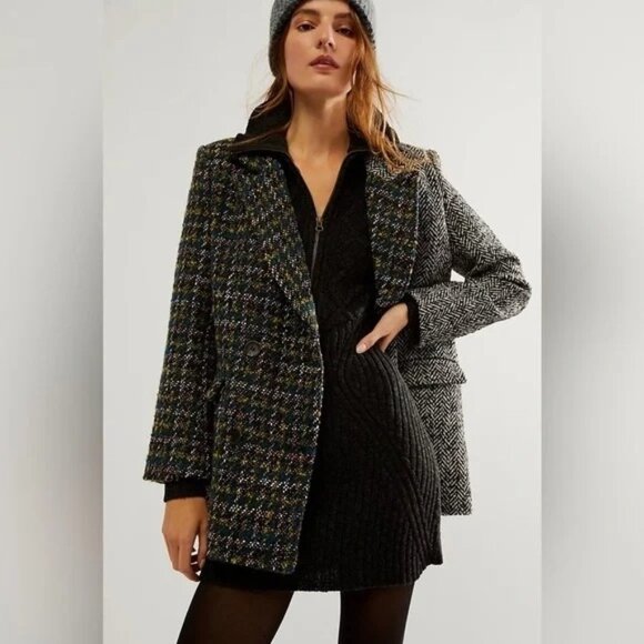 Driftwood Herringbone Tweed Wool Multi Mixed Print Boxy Blazer Size XL - Picture 1 of 10